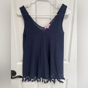 Lilly Pulitzer Navy Blue Fringe Tassel Hem V Neck Knit Tank Top Women’s Size XS